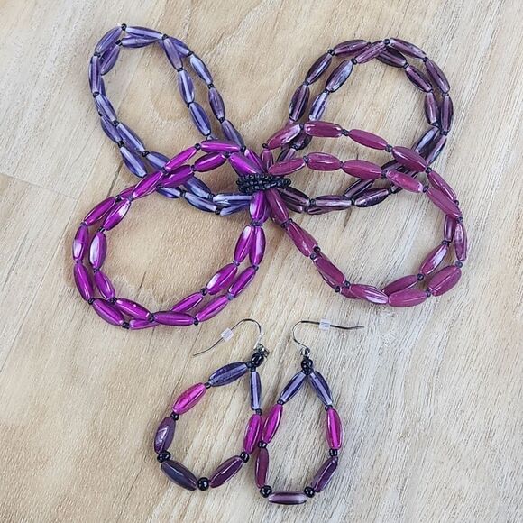 🩵Premier "Fuchsia" Purple & Pink Beaded Dangling Earrings - Picture 6 of 9